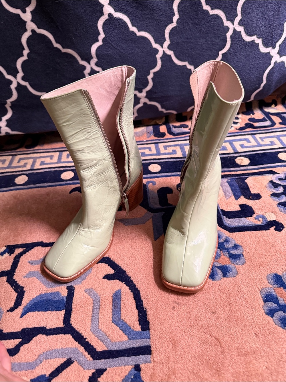 Square-Toe Mid-Calf Heeled Boots in Pale Green